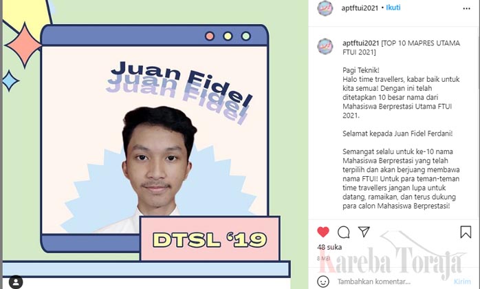 Ayo, Dukung Putra Toraja, Juan Fidel Ferdani Jadi Mahasiswa Berprestasi di Universitas Indonesia