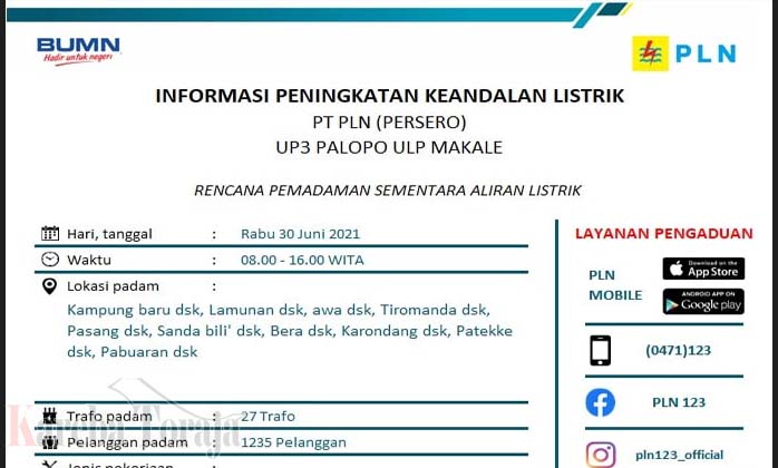 Halo Warga Makale dan Makale Selatan, Siap-siap Ya, Besok Ada Pemadaman Listrik