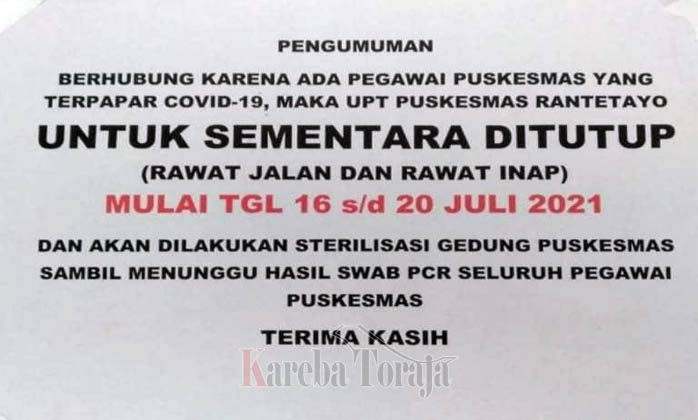 Ada Pegawai Terpapar Covid-19, Puskesmas Rantetayo Ditutup Sementara