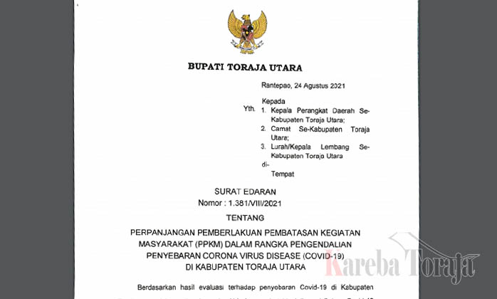 Pelonggaran PPKM di Toraja Utara Diperpanjang Hingga 6 September