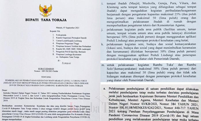PPKM Turun ke Level 3, Sekolah Tatap Muka dan Ibadah Sudah Diperbolehkan di Tana Toraja