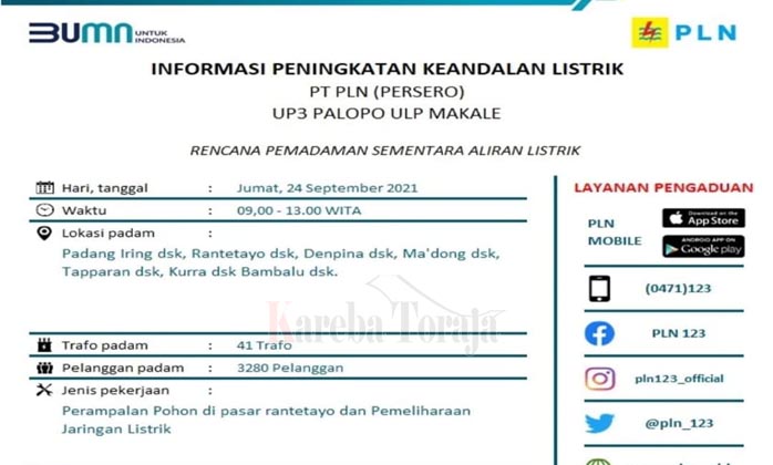 Jumat Besok, Beberapa Wilayah di Tana Toraja dan Toraja Utara Ada Pemadaman Listrik