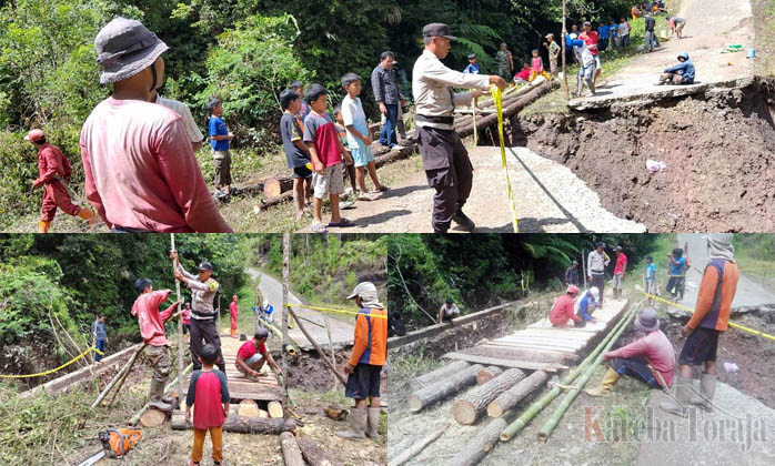 Masyarakat dan Polisi Buat Jembatan Darurat di Jalan Poros Buntu Datu – Uluway, yang Putus Akibat Banjir