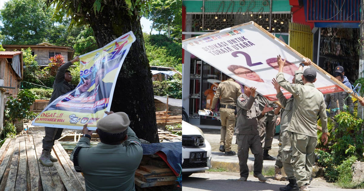 Diawasi Bawaslu, Satpol PP Toraja Utara Tertibkan Baliho Pasangan Calon yang Melanggar Aturan
